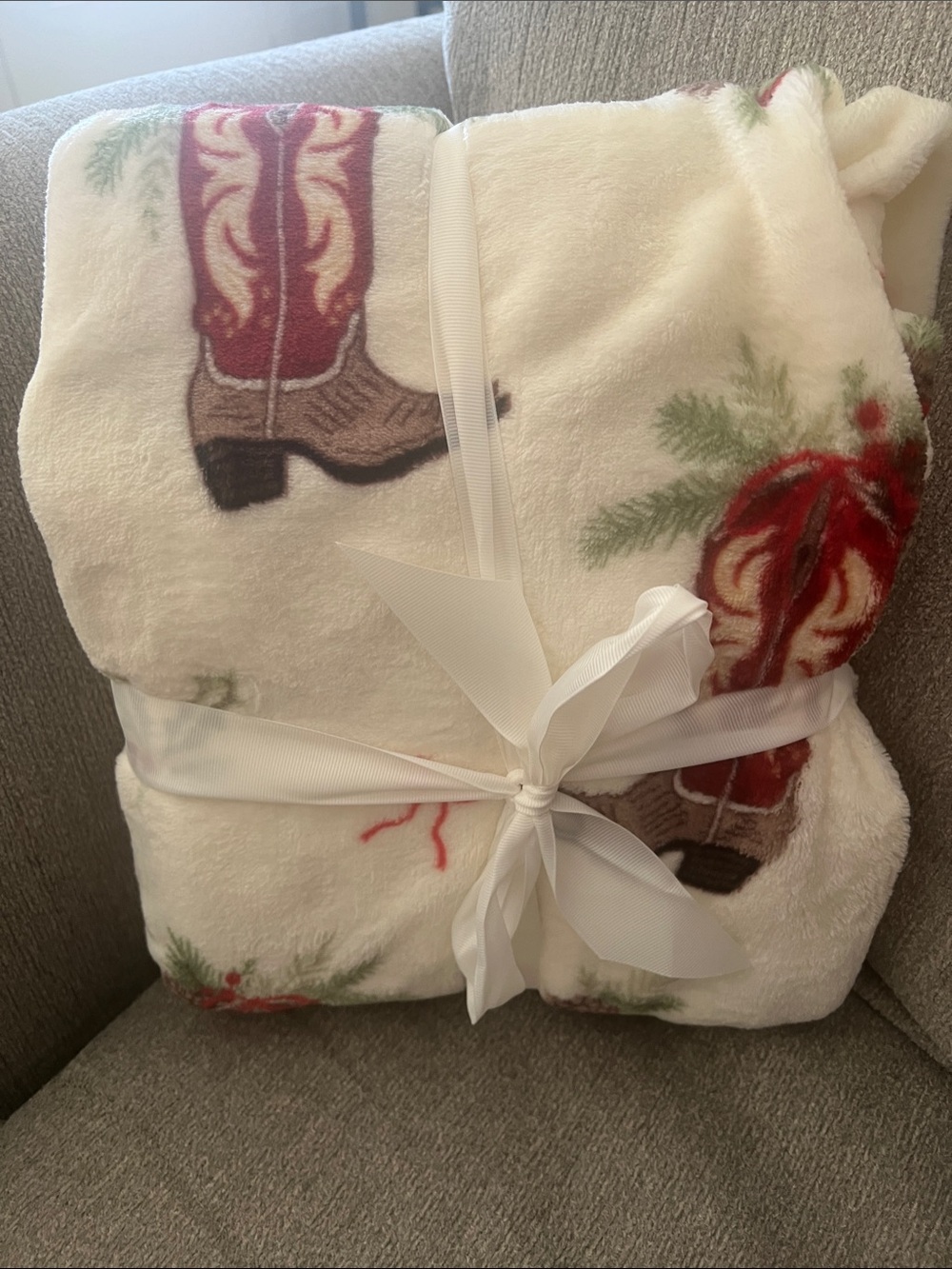 Hobby Lobby White Plush Holiday Throw with Red Cowboy Boots